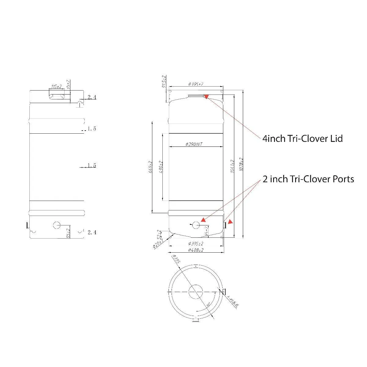 118L Kegmenter with 4inch Flat Lid , Airlock and 2inch end cap