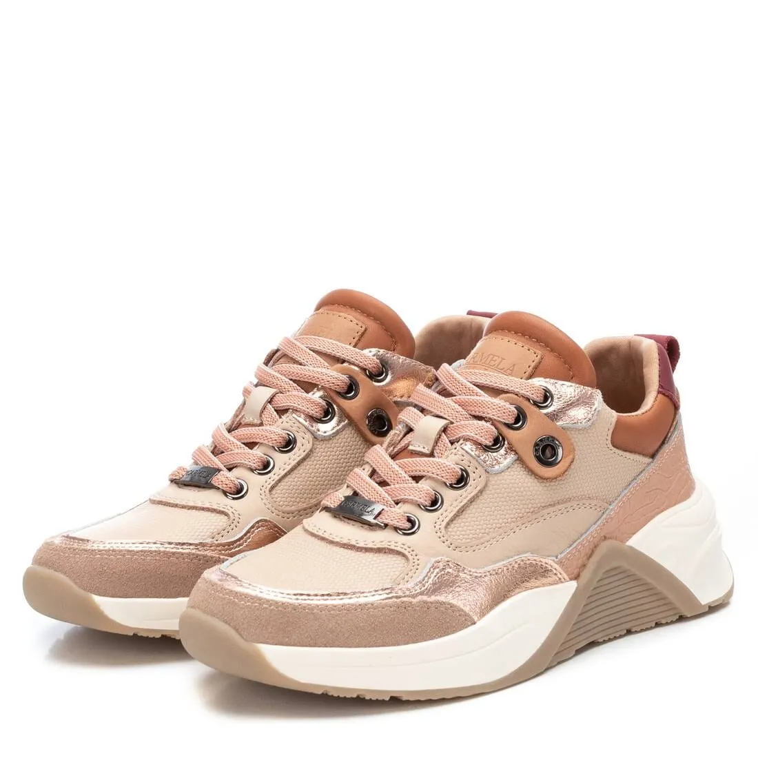 160259 Spanish Leather sneakers with colour blocking detail in beige/pink