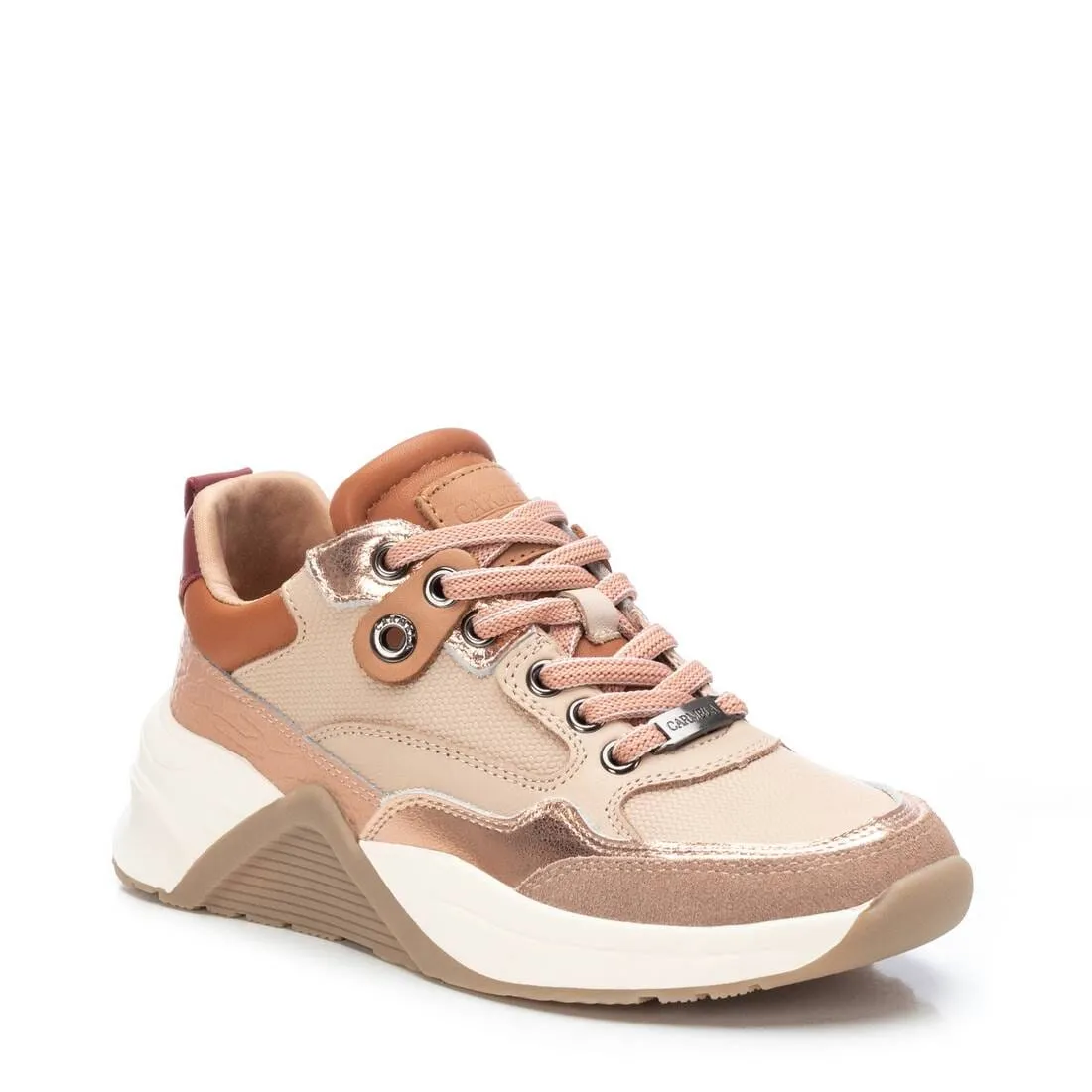 160259 Spanish Leather sneakers with colour blocking detail in beige/pink