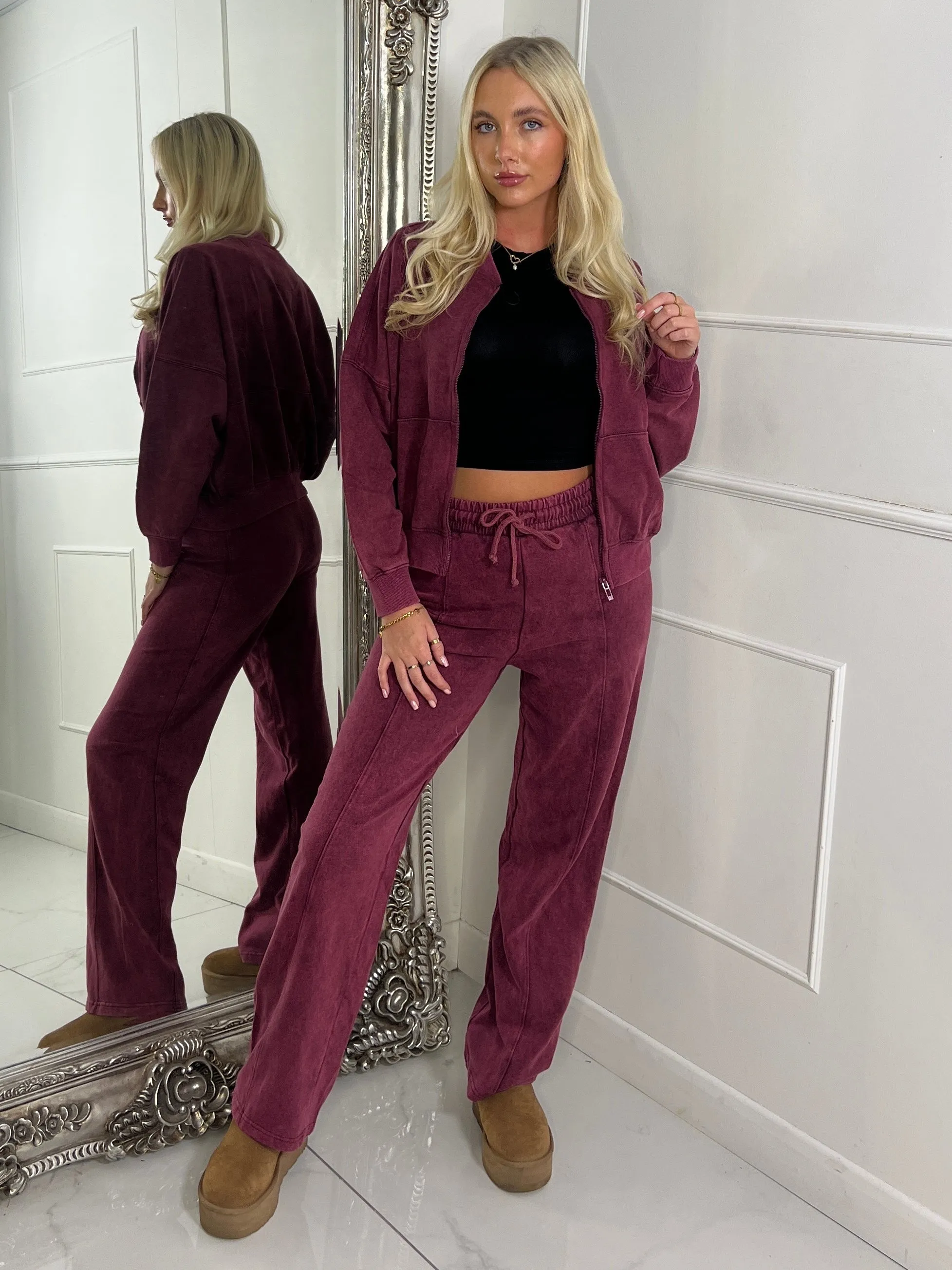 Acid Wash Bomber Jacket & Jogger Tracksuit - Wine