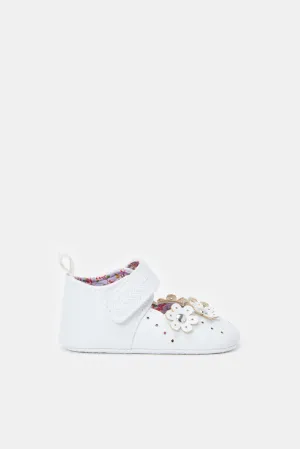 Babies White Floral Pram Shoes