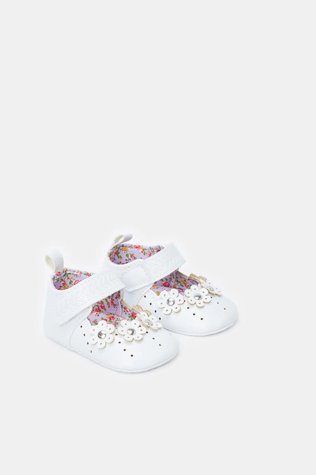 Babies White Floral Pram Shoes