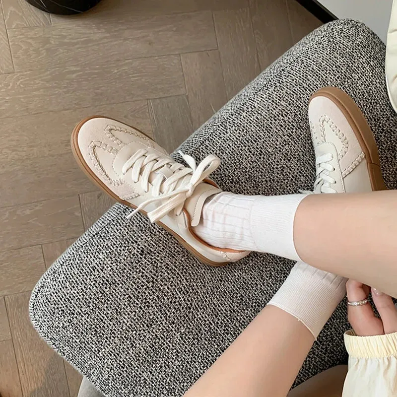 binfenxie NEW Autumn Casual Shoes Split Leather Shoes for Women Round Toe Thick Heel Platform Shoes Lace-up Women Sneakers German Trainer