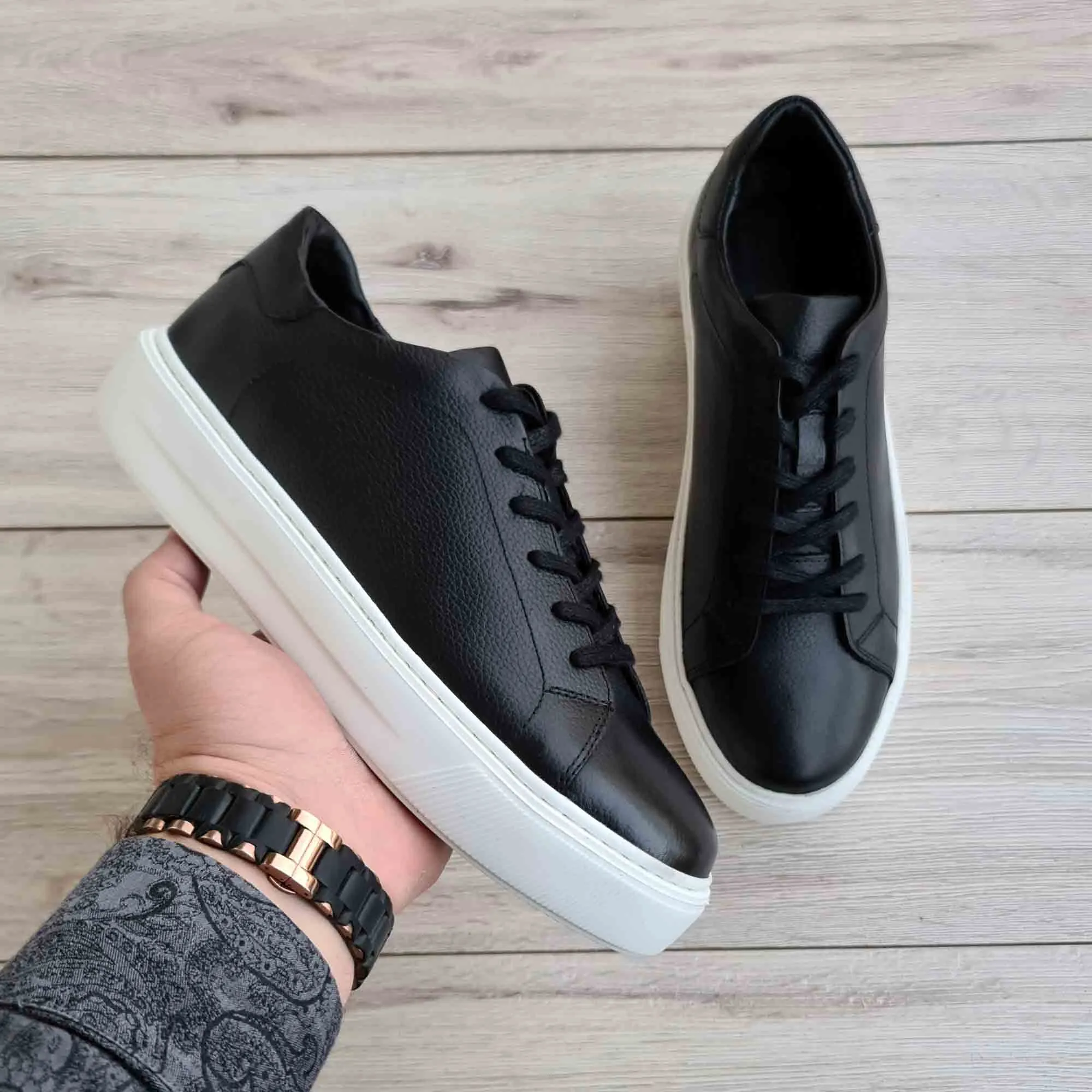 Black Genuine Leather Trainer Sneakers | High Sole