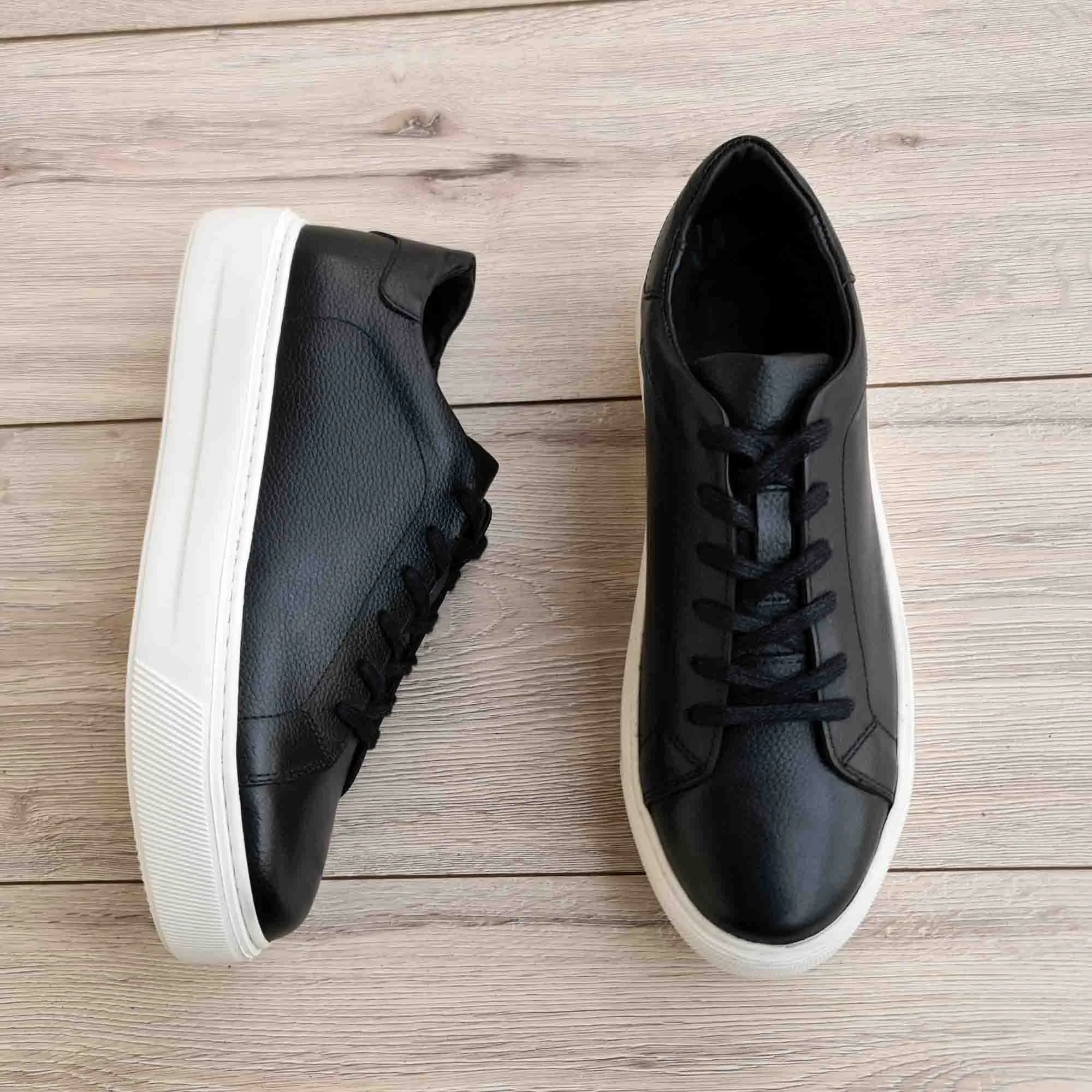 Black Genuine Leather Trainer Sneakers | High Sole