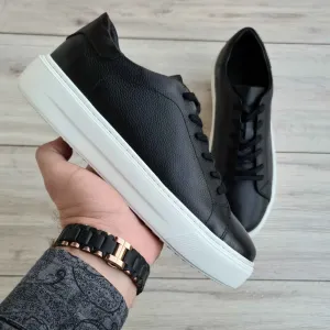 Black Genuine Leather Trainer Sneakers | High Sole