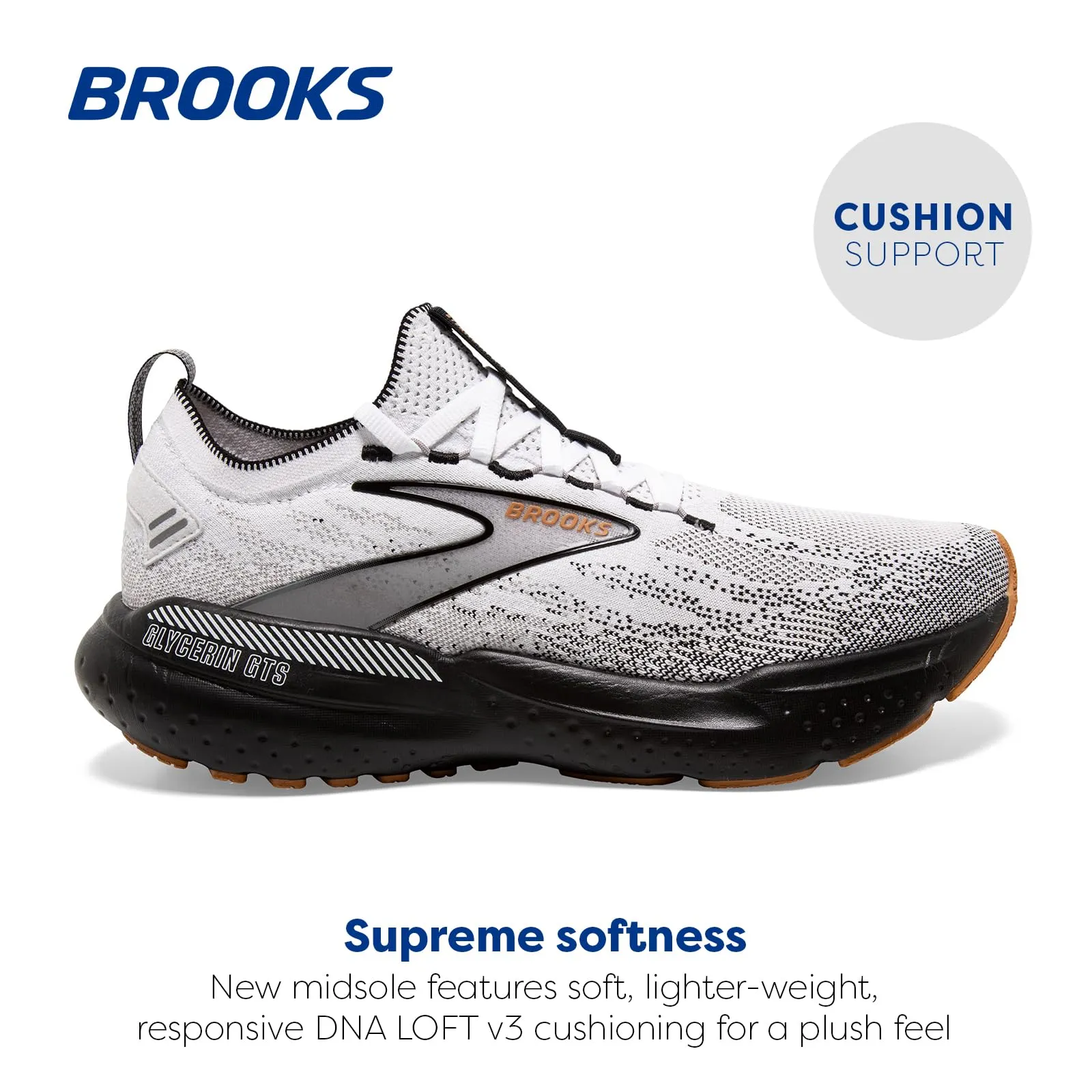 Brooks Men’s Glycerin Stealthfit GTS 21 Supportive Running Shoe - White/Grey/Black - 15 Medium