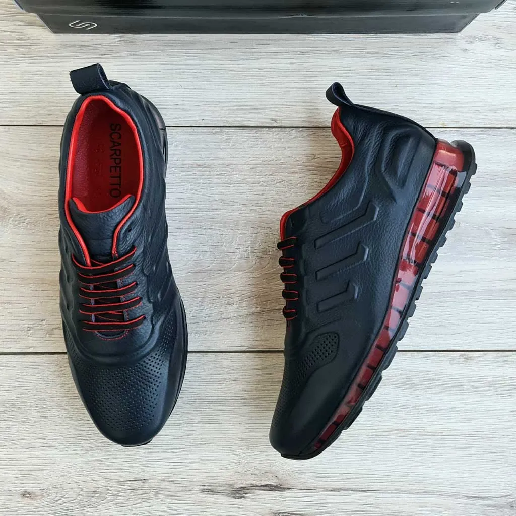 Dark Blue Leather Sneakers with Red Details | Platform High Sole