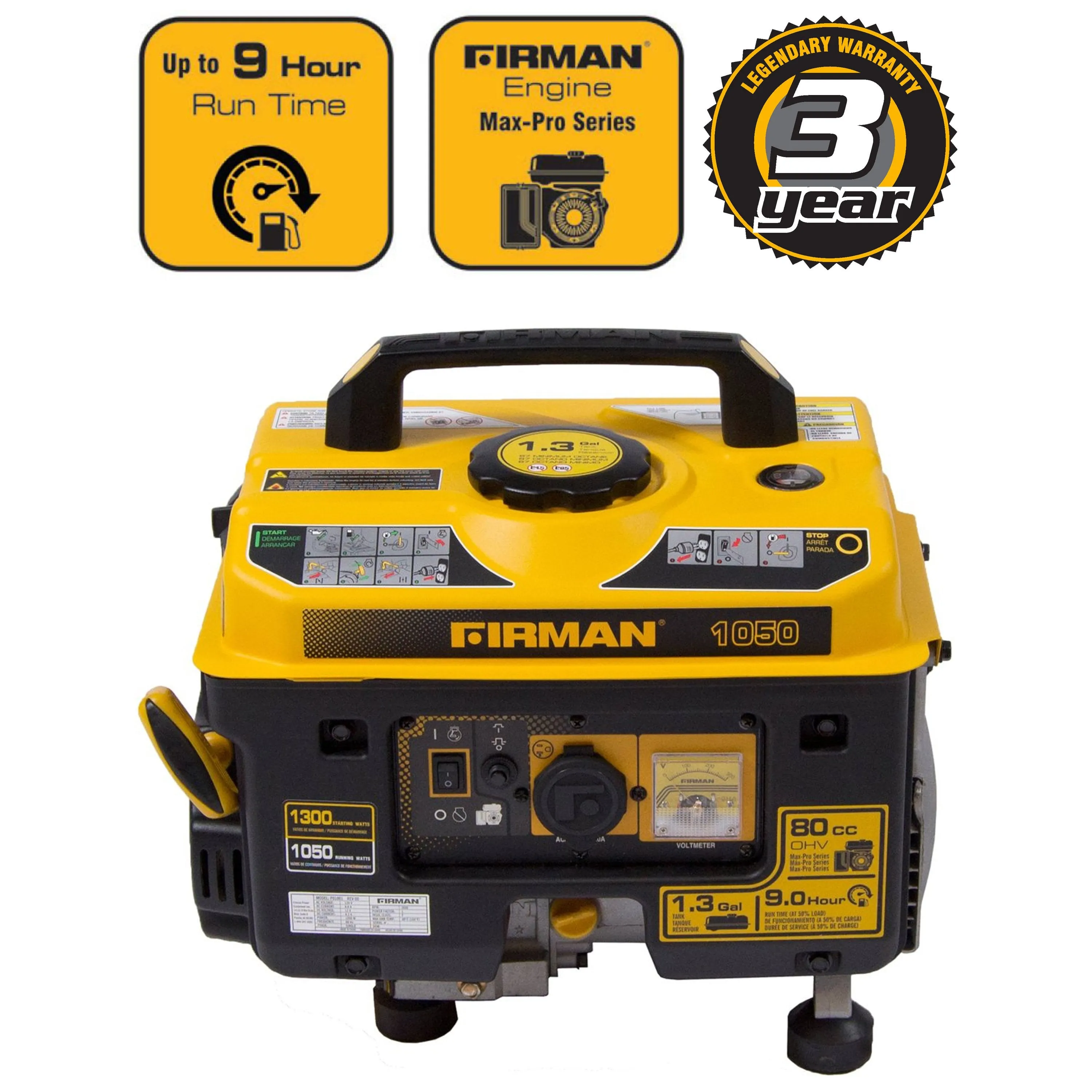 FIRMAN P01001 1300/1050 Watt Gas Recoil Start Generator, cETL, CARB