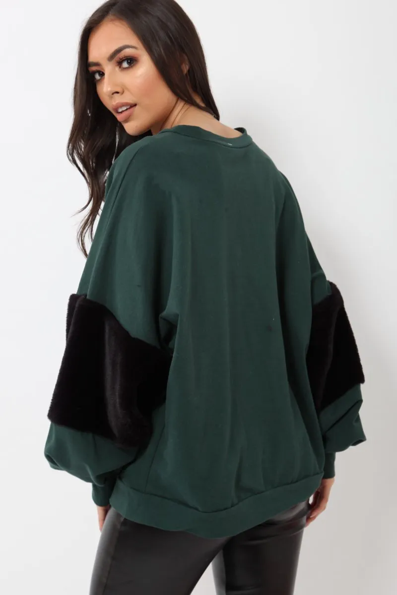 Green Jumper with Fur Sleeves - Stephanie