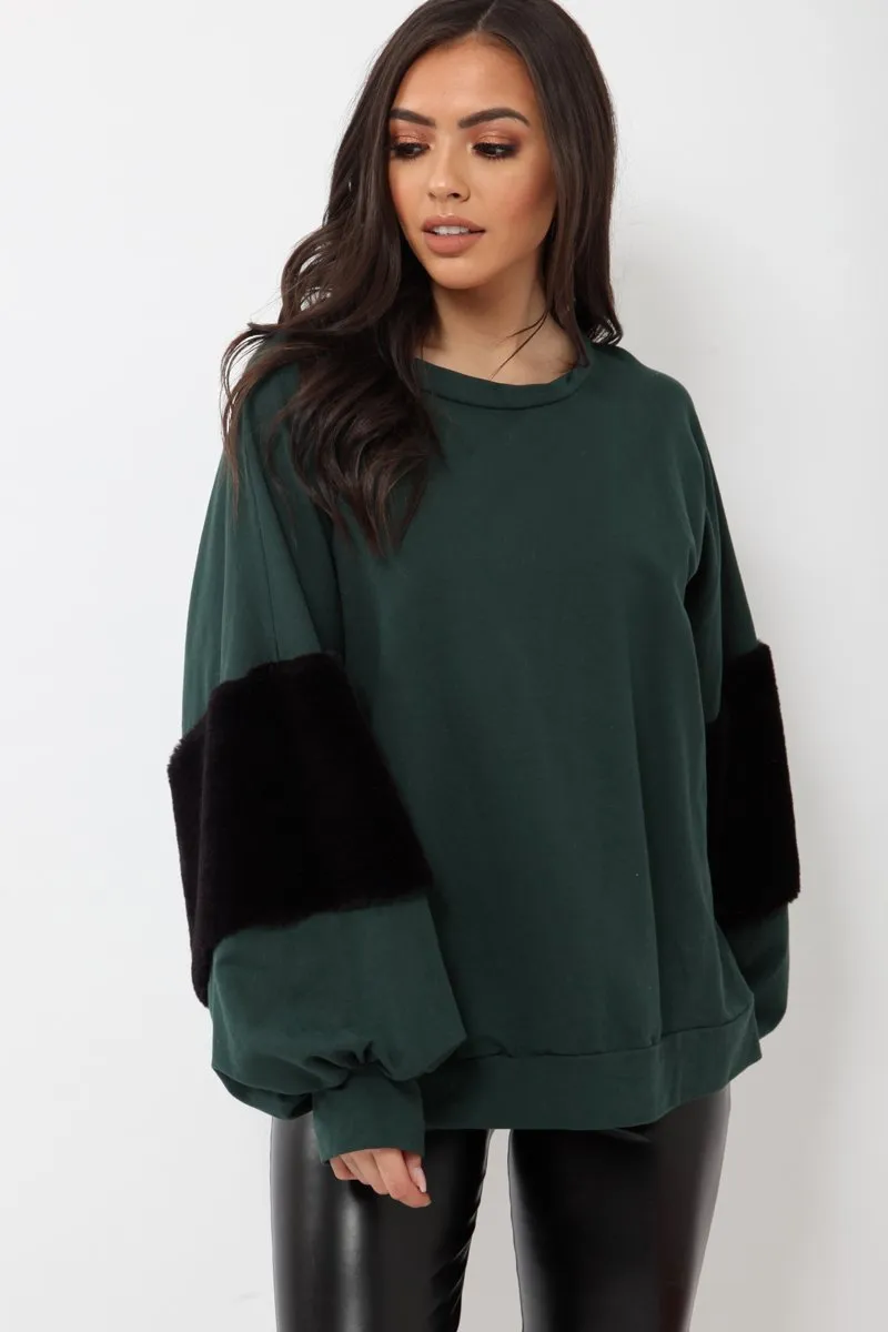 Green Jumper with Fur Sleeves - Stephanie