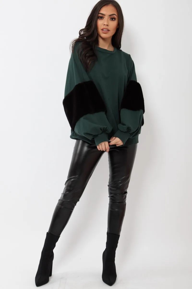 Green Jumper with Fur Sleeves - Stephanie