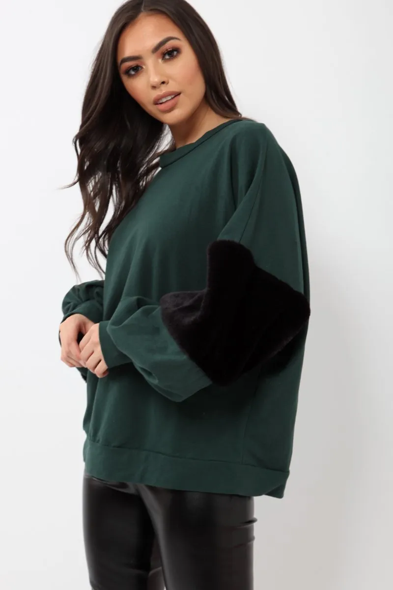 Green Jumper with Fur Sleeves - Stephanie