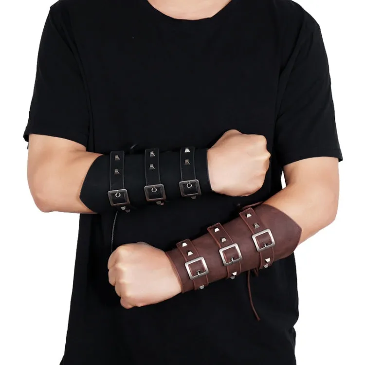 P01994 Men Leather Bracer Personality Punk Riding Arm Guard(Black)