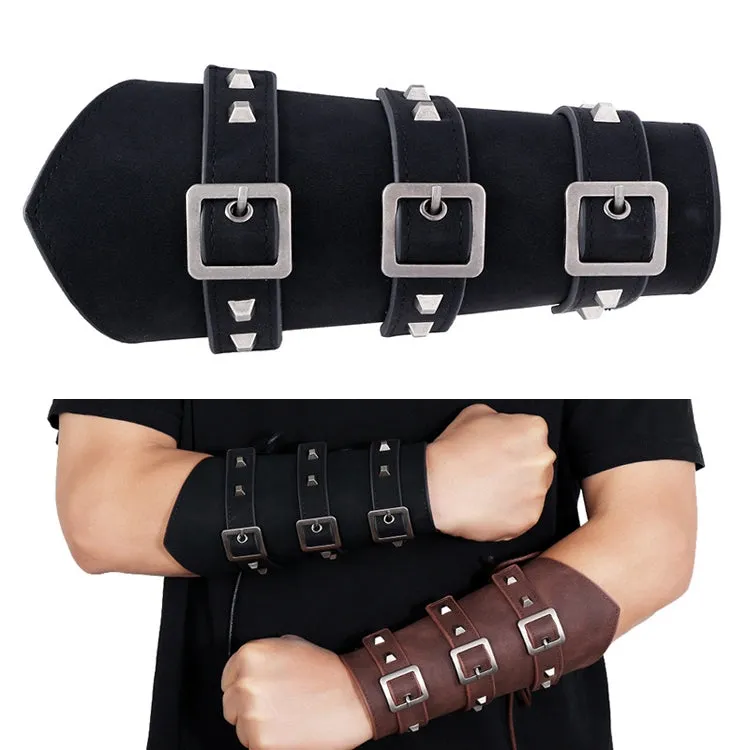 P01994 Men Leather Bracer Personality Punk Riding Arm Guard(Black)