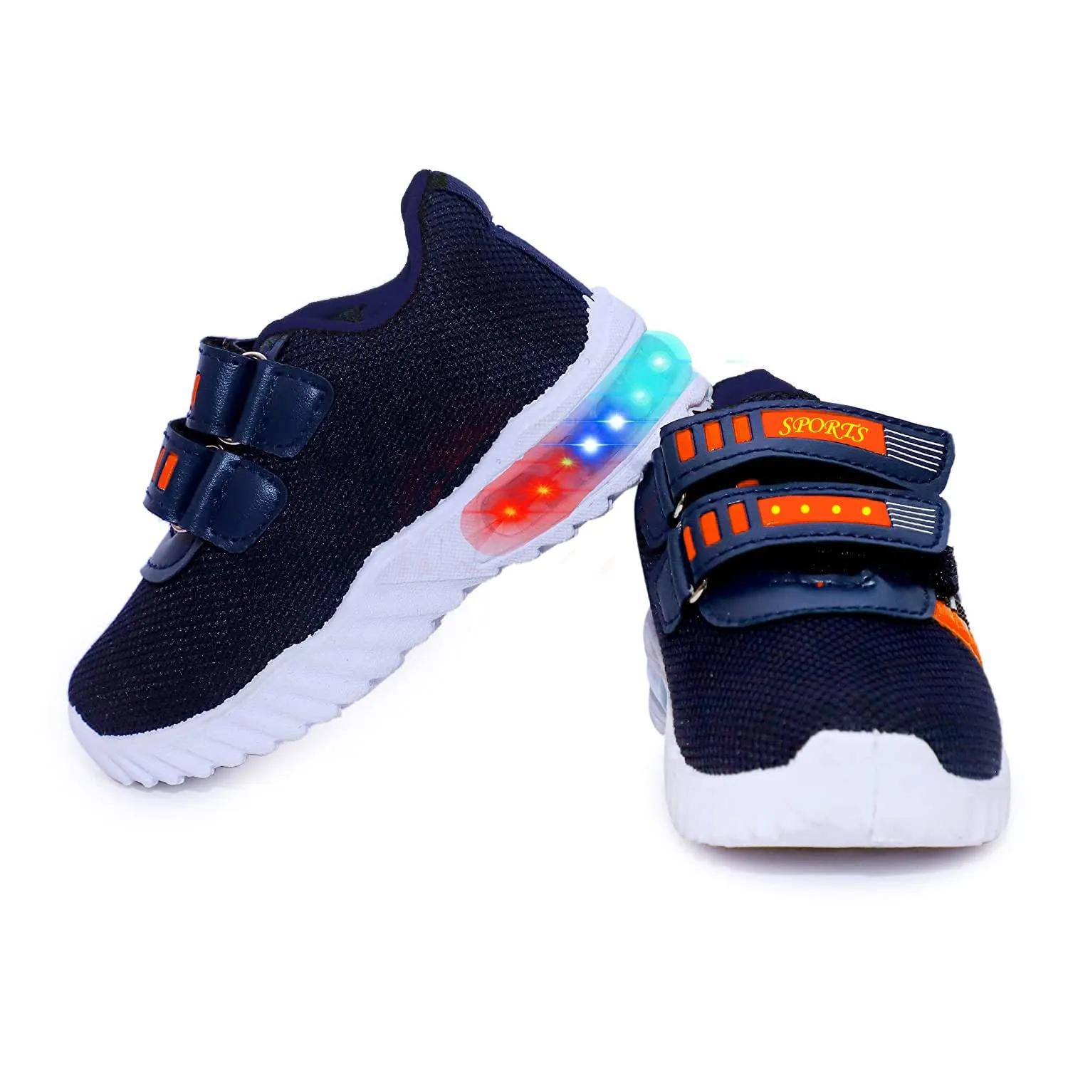 Prattle Foot Kids LED Light Up Shoes, LED Sneakers, Shoes for Boys Girls, Casual Shoes for Kids, Outdoor/Sports/Running Shoes(SS2-NVBL-ORT51_3.5-4 YR) Navy Blue-Orange