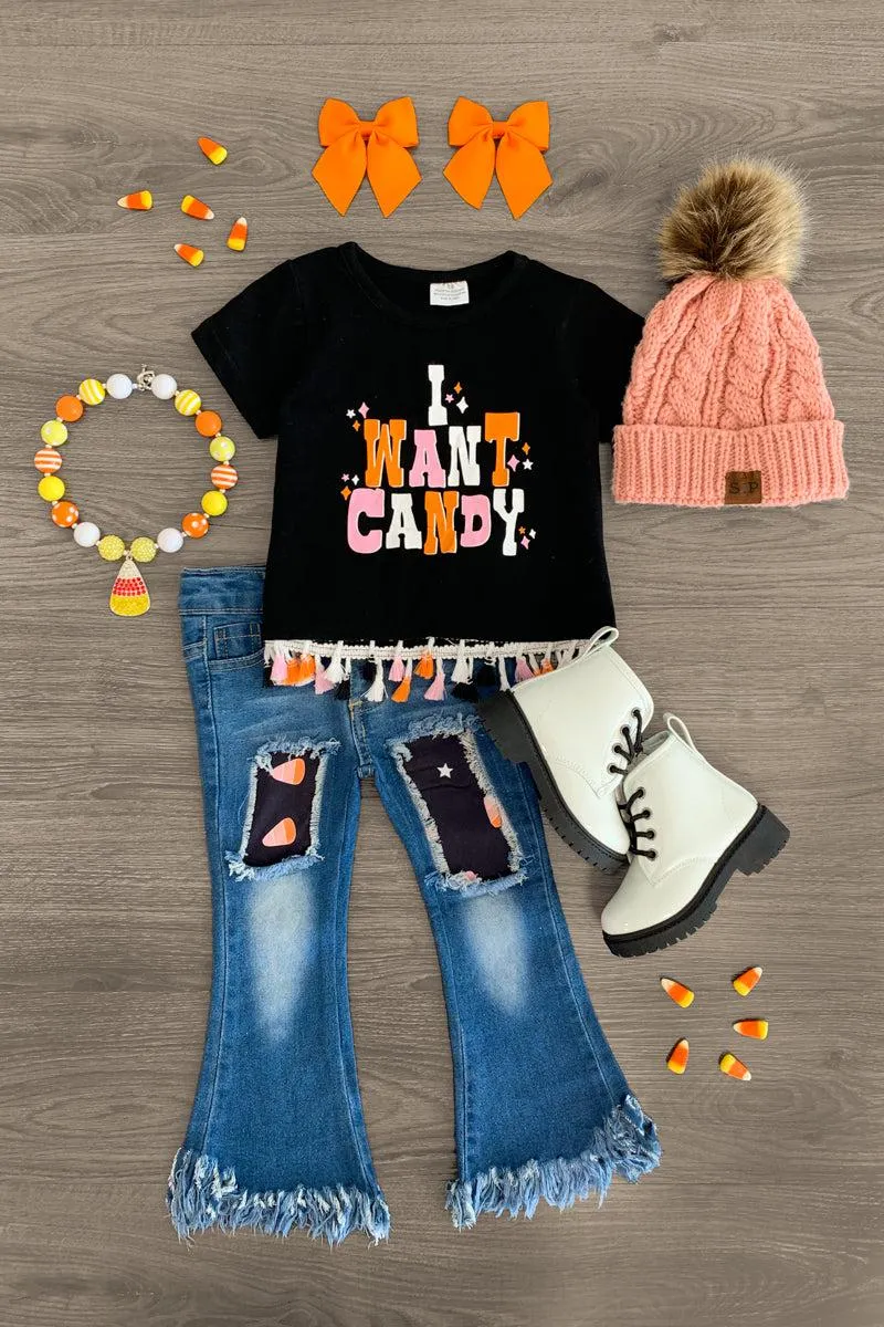 "I Want Candy" Distressed Denim Flare Set