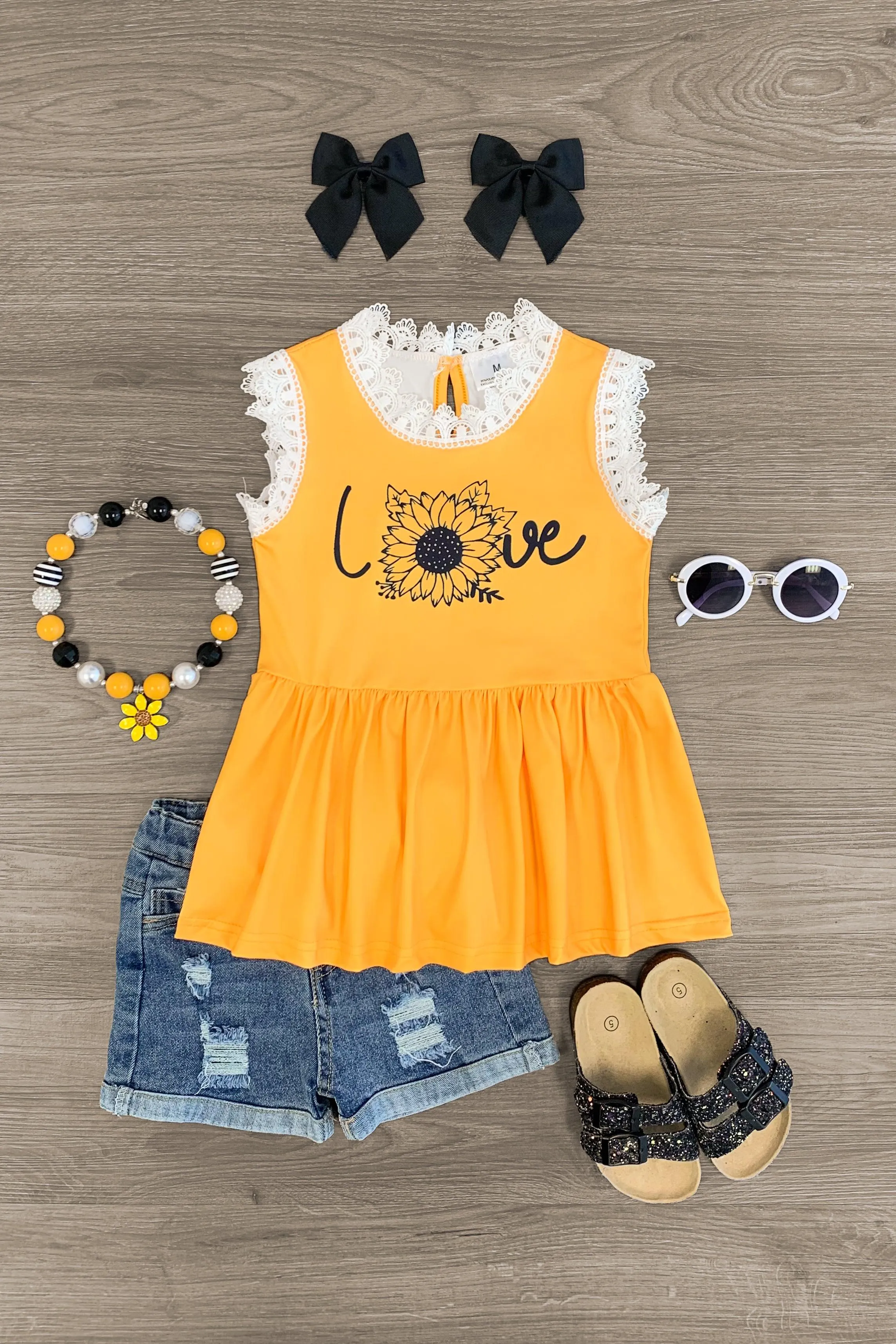 "Love" Mustard & Lace Denim Short Set