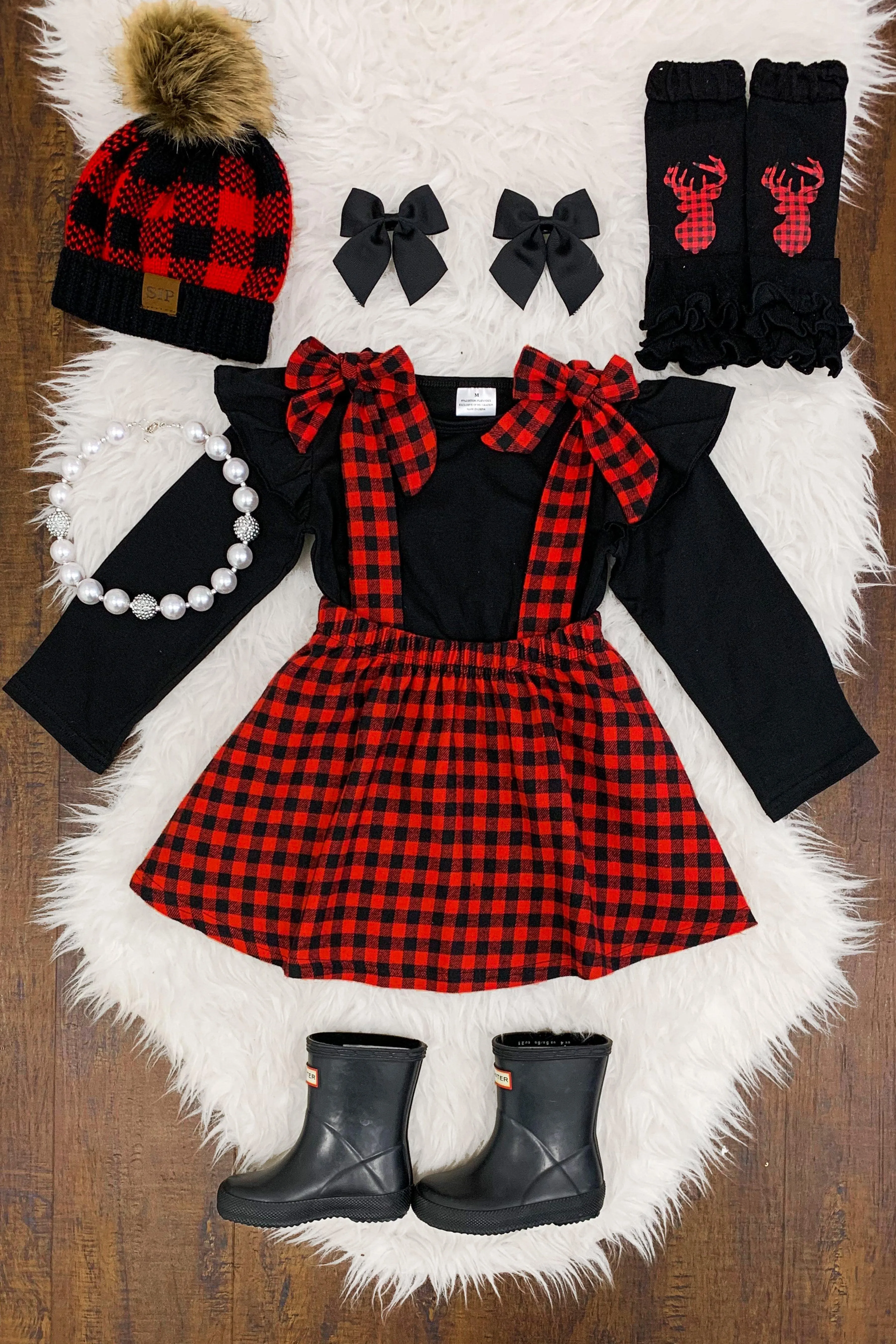 Red & Black Plaid Tie Suspender Skirt Set