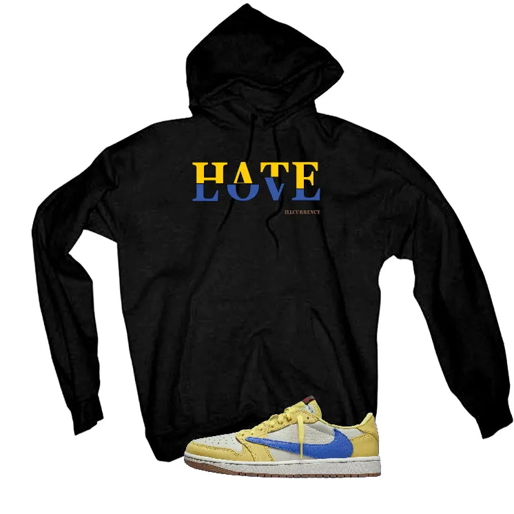 Travis Scott x Air Jordan 1 Low OG “Canary” | illcurrency Black T-Shirt (Hate Love)