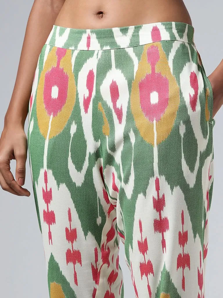 Utsa Green Multicolor Ikat Printed Pants