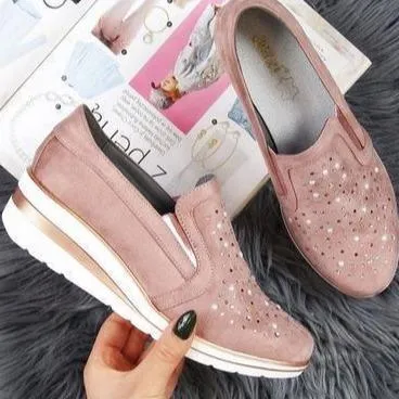 Women rhinestone breathalbe slip on wedge sneakers