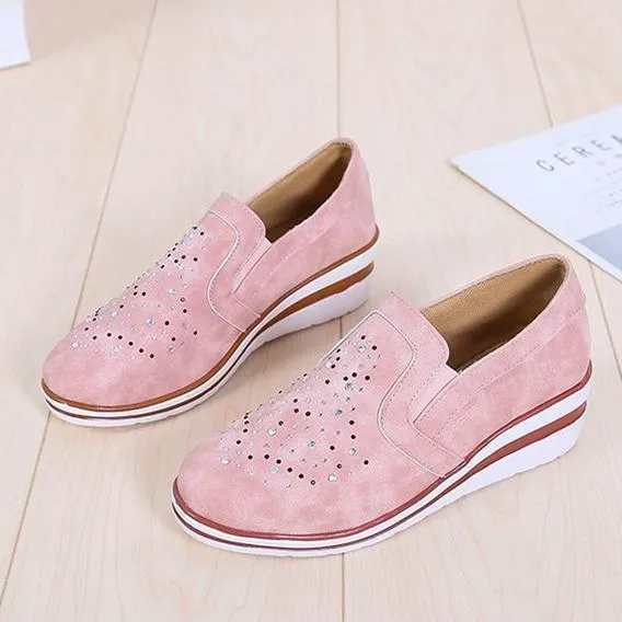 Women rhinestone breathalbe slip on wedge sneakers