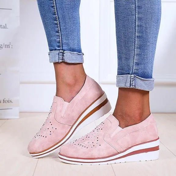 Women rhinestone breathalbe slip on wedge sneakers