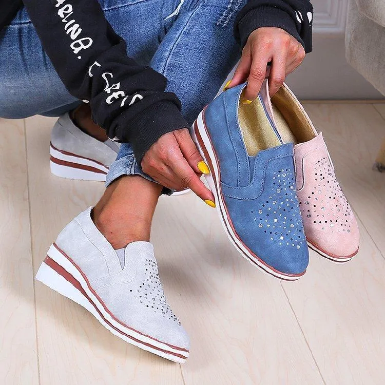 Women rhinestone breathalbe slip on wedge sneakers