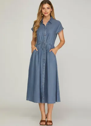 Woven Chambray Button Down Dress in Blue by She   Sky