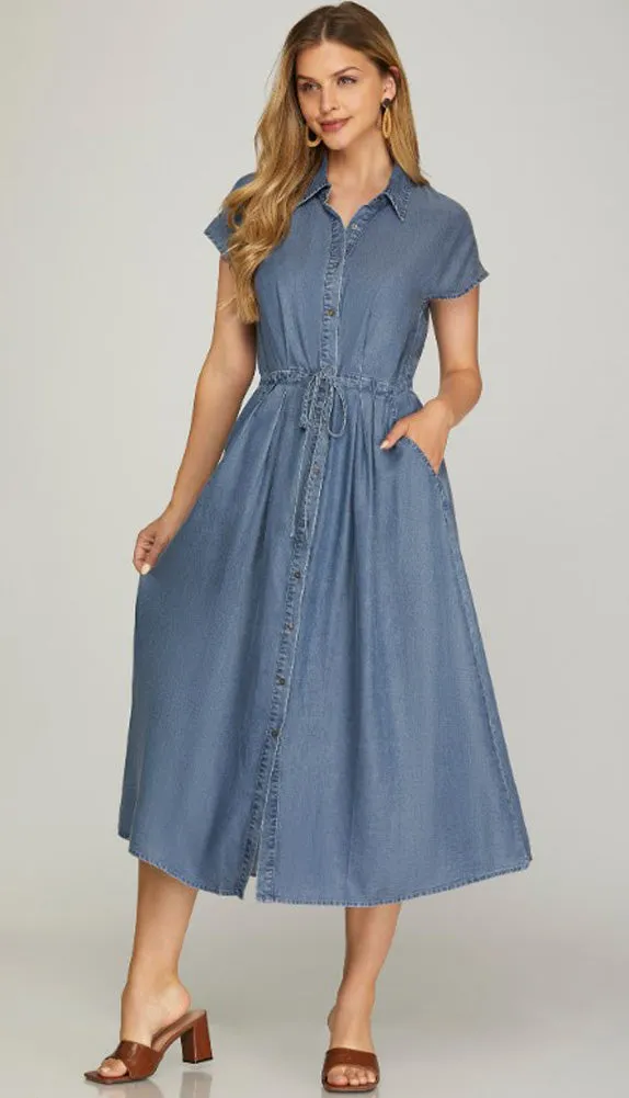 Woven Chambray Button Down Dress in Blue by She   Sky