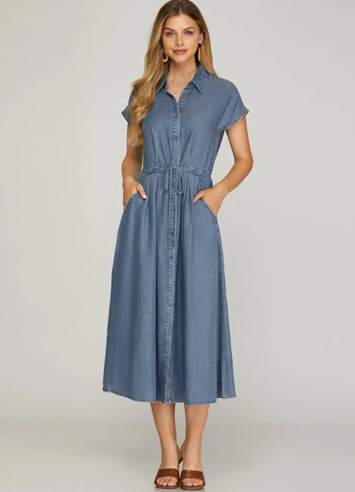 Woven Chambray Button Down Dress in Blue by She   Sky